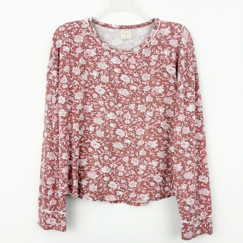 Marea by Liz Joy Pink Floral Long Sleeve Pajama Top Size M Crew Neck Lounge